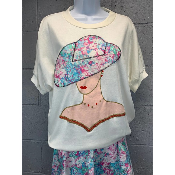 80s 2 piece Pastel Floral Skirt Statement Piece Appliqué New Wave Barbiecore B1 - Picture 5 of 10